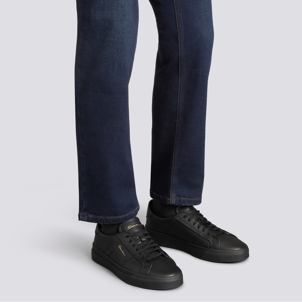 Santoni Men’s black leather double buckle sneaker